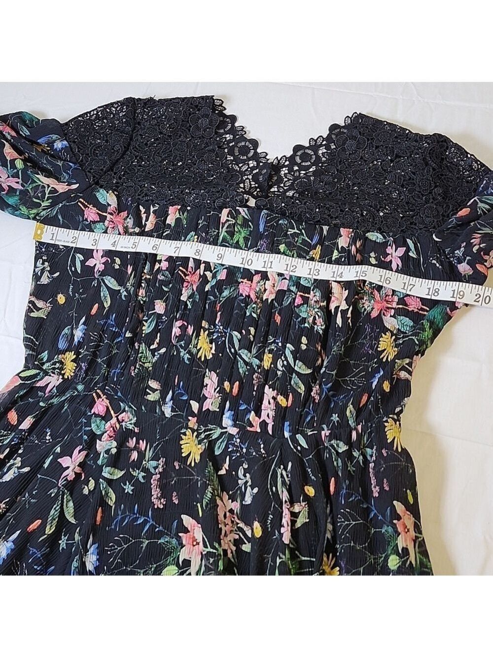 The Kooples Black Floral Midi Dress Lace Inset Top Size Medium Puff Sleeves - Picture 7 of 10